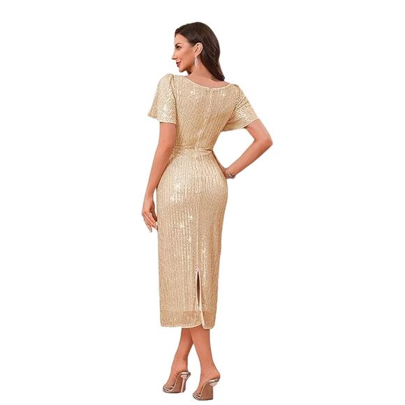 Gold Glam Sequin‎ Champagne Cowl Neck Ruffle Sleeve Fairy Bodycon Midi Dress Med - Picture 2 of 6